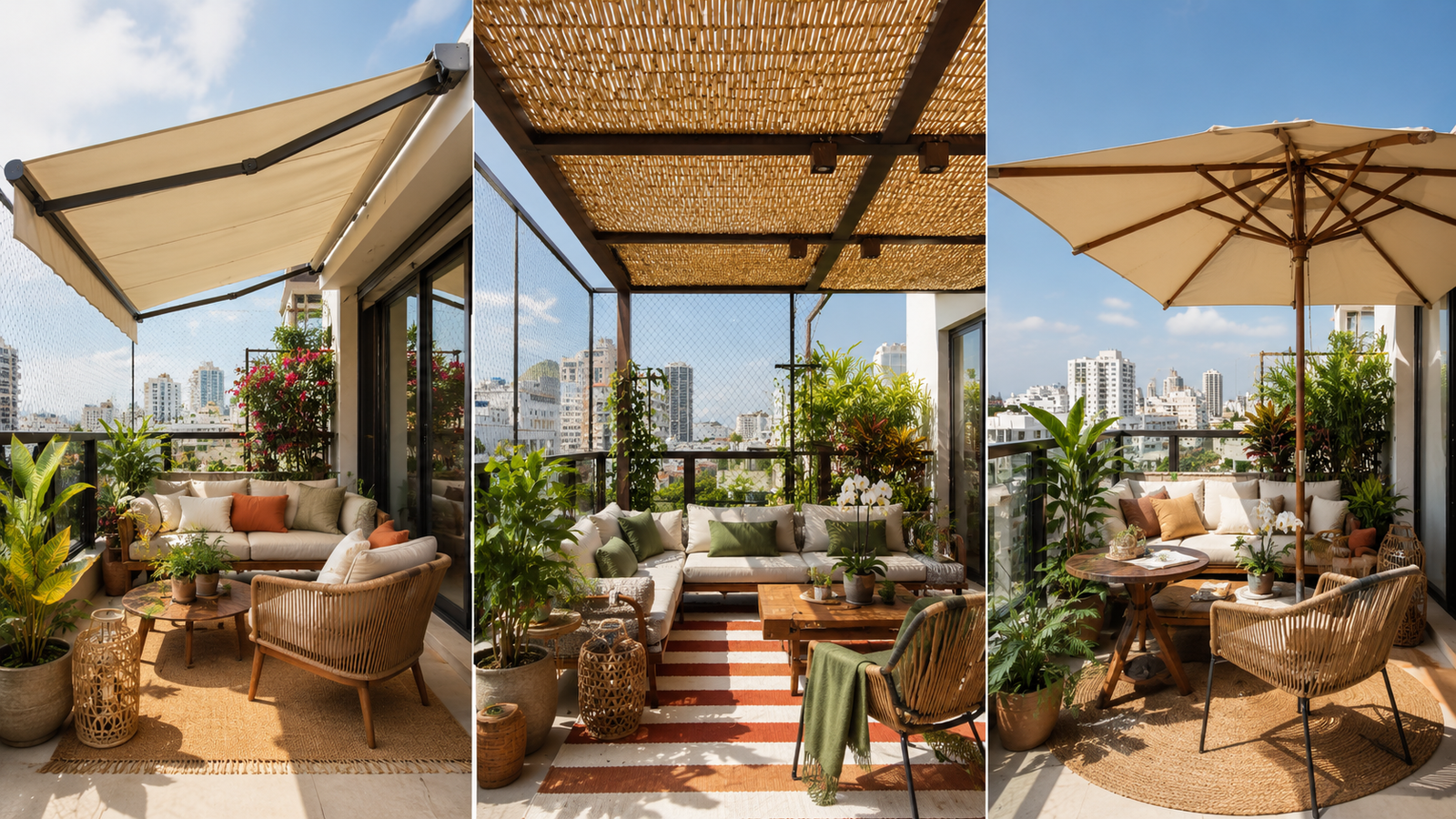 Varanda externa com cobertura leve mesa e plantas em ambiente aconchegante